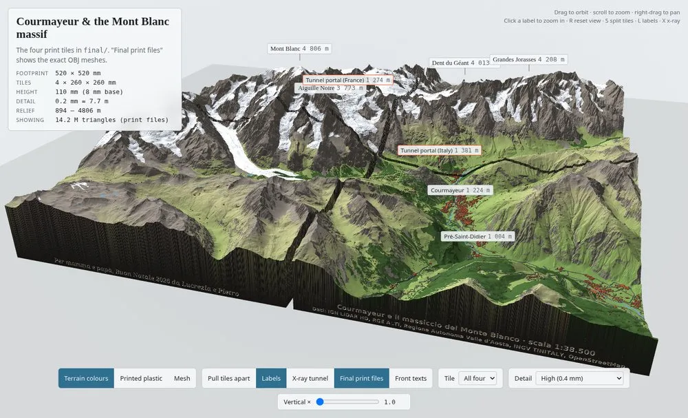Courmayeur & the Mont Blanc Massif -3D Printable Terrain Model from Open LiDAR Data