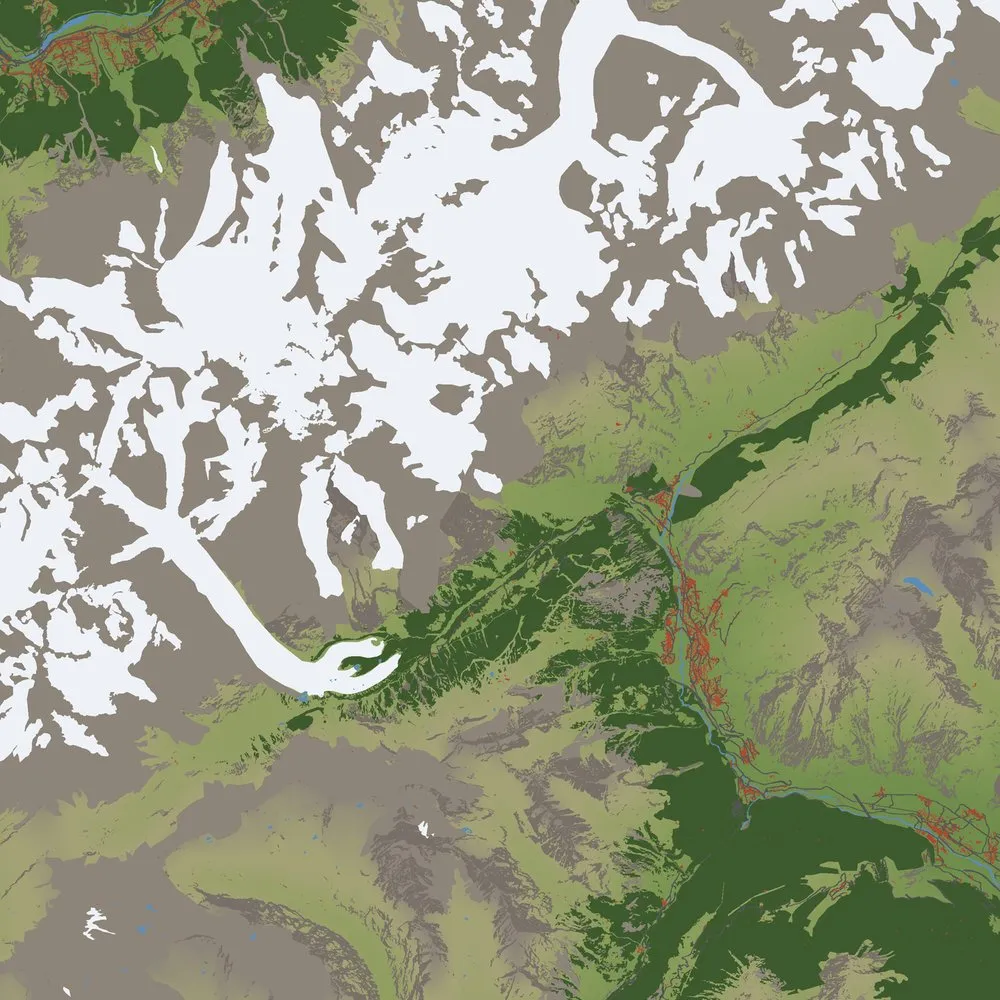 Courmayeur 3D model landcover color map showing glaciers, forests, rock, water, roads, and buildings